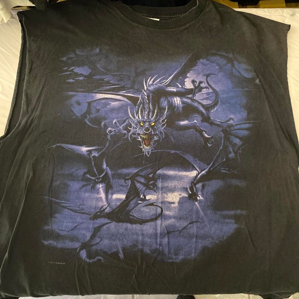 Vintage dark fantasy blue dragon black altered t-shirt